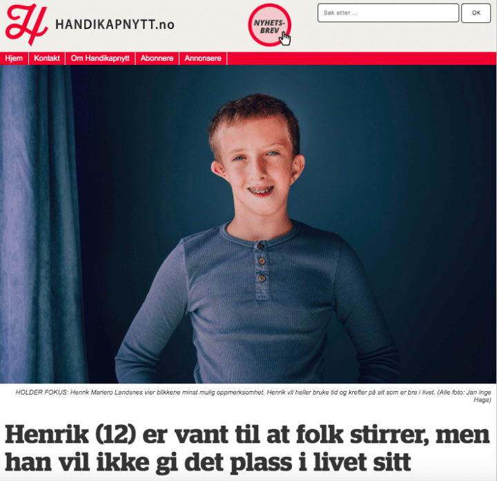 Skjermbilde av artikkel om Henrik med tittel Henrik (12) er vandt til at folk stirrer, men han vil ikke gi det plass i livet sitt