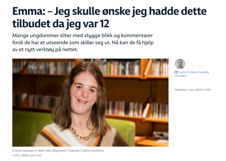 Skjermbilde av saken i NRK med tittel Emma: - Jeg skulle ønske jeg hadde dette da jeg var 12